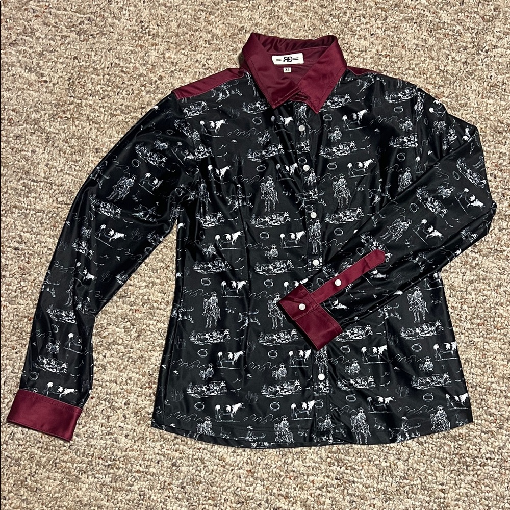 XS Rocket Donkey Cowgirl RD Rodeo Shirt Black and Burgundy Graphic